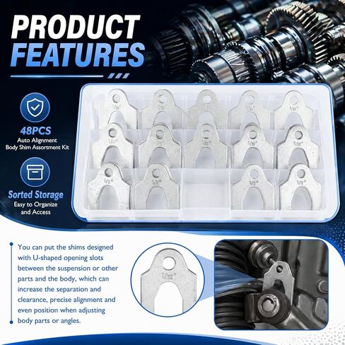 U-Shaped Metal Shims 48PCS Kit,1/16" 1/64" 1/32" 1/8" Body Shims with Case,Metal Alignment Shim for Automotive Door Hood Bumper Panel Gap Repair Camber Adjustment and Frame Leveling in Kuwait