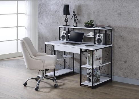 roomfitters Amiel All Purpose White Finish Writing Desk, Multi Tier Media Recording Studio Workstation, Matte Black Metal Open Frame Sled Base in Kuwait