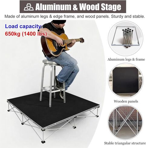Portable 3x3 ft Modular Stage Platform with Black Skirting, Foldable and Detachable Riser for Events, Music, and Performances - Easy Setup and Transport in Kuwait