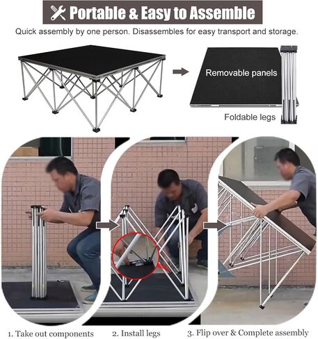 Portable 3x3 ft Modular Stage Platform with Black Skirting, Foldable and Detachable Riser for Events, Music, and Performances - Easy Setup and Transport in Kuwait