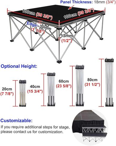Portable 3x3 ft Modular Stage Platform with Black Skirting, Foldable and Detachable Riser for Events, Music, and Performances - Easy Setup and Transport in Kuwait