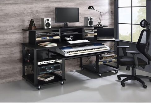 roomfitters Megara Cherry and Black Music Desk, High-Capacity 76-Key Audio Production Workstation, Multi-Tier Engineering Studio Console in Kuwait