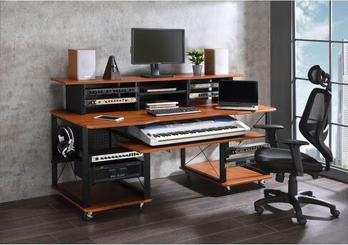 roomfitters Megara Cherry and Black Music Desk, High-Capacity 76-Key Audio Production Workstation, Multi-Tier Engineering Studio Console in Kuwait