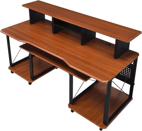 roomfitters Megara Cherry and Black Music Desk, High-Capacity 76-Key Audio Production Workstation, Multi-Tier Engineering Studio Console in Kuwait