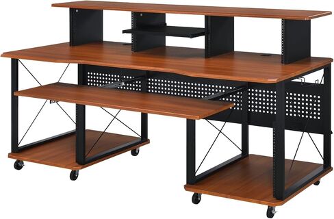 roomfitters Megara Cherry and Black Music Desk, High-Capacity 76-Key Audio Production Workstation, Multi-Tier Engineering Studio Console in Kuwait