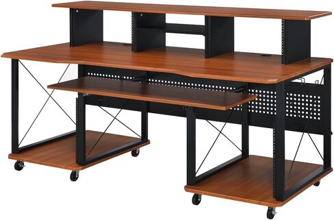 roomfitters Megara Cherry and Black Music Desk, High-Capacity 76-Key Audio Production Workstation, Multi-Tier Engineering Studio Console in Kuwait