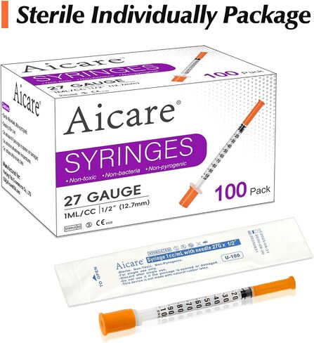 100 Pack 1 ml/cc 27G 1/2 Inch Syringe, Individually Packed in Kuwait