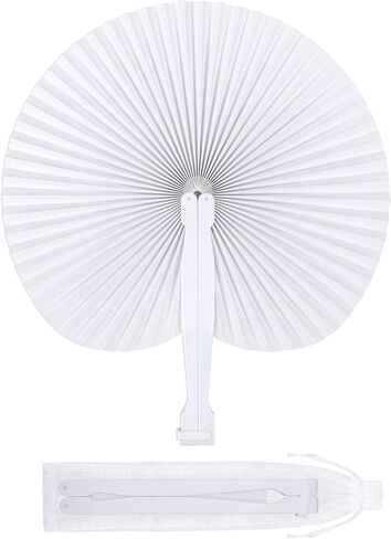 MCEAST 100 Pack Wedding Paper Fans Handheld Folding Fan White Round Shaped Folding Paper Fans Handheld Fan with Plastic Handle and Bags for Wedding Birthday Party Favors Supplies Home Decor in Saudi Arabia