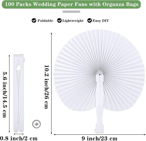 MCEAST 100 Pack Wedding Paper Fans Handheld Folding Fan White Round Shaped Folding Paper Fans Handheld Fan with Plastic Handle and Bags for Wedding Birthday Party Favors Supplies Home Decor in Saudi Arabia