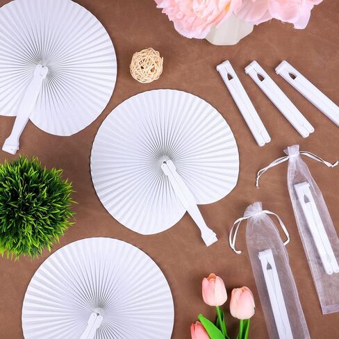 MCEAST 100 Pack Wedding Paper Fans Handheld Folding Fan White Round Shaped Folding Paper Fans Handheld Fan with Plastic Handle and Bags for Wedding Birthday Party Favors Supplies Home Decor in Saudi Arabia