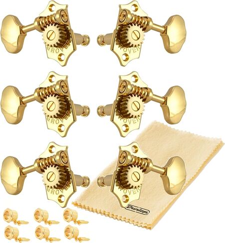 Grover V97-18GA STA-TITE 18: 1 موالفات جيتار مفتوحة الطراز طراز عتيق آلات ضبط ذهبية 3+3 مع زر زبدة الفول لغراب الرأس الصلب (العمودي) مع حزمة قماش Tonebird Dunlop البولندية in Kuwait