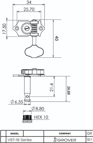 Grover V97-18GA STA-TITE 18: 1 موالفات جيتار مفتوحة الطراز طراز عتيق آلات ضبط ذهبية 3+3 مع زر زبدة الفول لغراب الرأس الصلب (العمودي) مع حزمة قماش Tonebird Dunlop البولندية in Kuwait