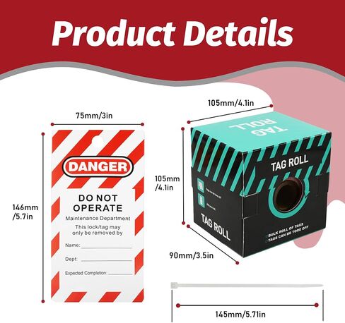 200 Lockout Tagout Tags Roll with 200 Ties,Danger Do Not Operate Tag | Scaffold Lables,Out of Service ,Waterproof Resists Tears,Waterproof,Equipment Repair,Writable,Industrial Grade,OSHA Compliant in Kuwait