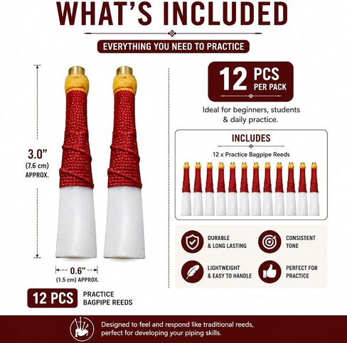 Practice Chanter Reeds Synthetic Plastic 12-Pieces for Scottish Highland Bagpipes - Red, Durable & Easy to Use in Kuwait