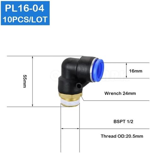10 قطعة PL16-04 تركيبات الكوع الهوائية، 1/2 "BSPT ذكر الموضوع إلى 16 مللي متر OD خرطوم موصلات، الصناعية على شكل حرف L دفع في وصلات الأنبوب in Kuwait