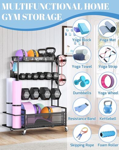 Dumbbell Rack Weight Storage Stand, Adjustable Weight Rack with Wheels, Metal Workout Equipment Storage Organizer, Home Gym Storage Organizer for Dumbbells, Kettlebells, Yoga Mat, Foam Roller in Kuwait