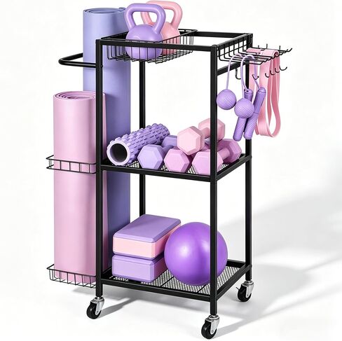 Workout Equipment Storage Rack Metal Yoga Mat Storage Rack, Weight Cart Home Gym Storage Rack with Wheels for Dumbbells, Yoga Mats, Kettlebells, Foam Rollers in Kuwait