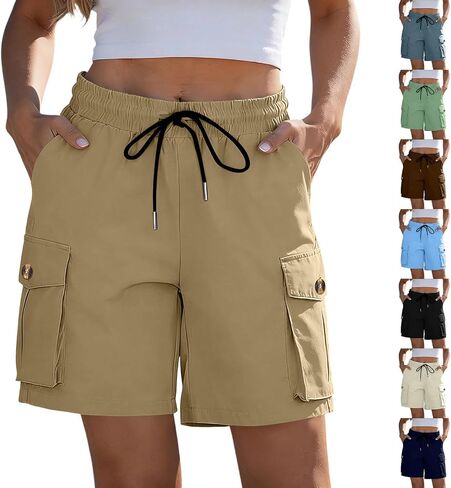Cargo Shorts for Women Multiple Pockets Short Length High Waisted Wide Leg Hiking Drawstring Shorts for Summer Casual in Kuwait