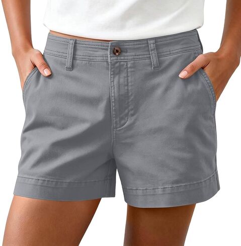 Women's High Waisted Shorts with Pockets Button Chino Shorts Summer Wide Leg Stretch Short Pants Vacation Outfits in Kuwait