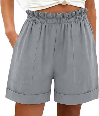 Womens Summer Linen Shorts Wide Leg High Waisted Ruffle Lounge Shorts Elastic Waist Cuffed Beach Shorts with Pockets in Kuwait
