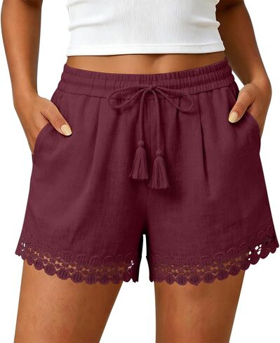 Lace Trim Linen Shorts for Women Casual Elastic Waist Drawstring Summer Boho Beach Bottoms Comfy Trendy Lounge Shorts in Kuwait