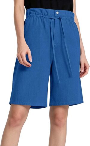 Women Bermuda Shorts Knee Length Casual High Waisted Drawstring Long Short Wide Leg Beach Resort Pants with Pockets in Kuwait