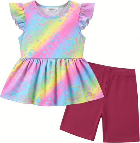 Arshiner Girls 2 Piece Outfit Ruffle Sleeve Peplum Top And Biker Shorts Lightweight Breathable Summer Clothing Set in Saudi Arabia