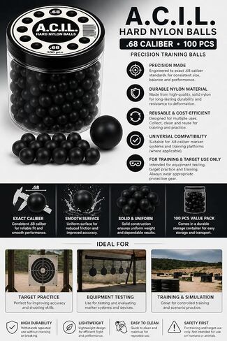 A.C.I.L. 100 x Hard Nylon Precision Balls – .68 Cal. Reusable Training Balls for Target Practice & Marker Compatibility – Durable Solid Nylon Spheres (Black) in Kuwait