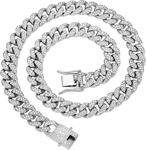 Unisex Cuban Link Chain, 18K Gold & Silver Plated Necklace with Cubic Zirconia, Fashion Jewelry for Daily Wear & Special Occasions, Gift for Him Her in Saudi Arabia