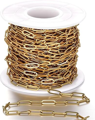33FT 18K Gold PVD Plated Chain Spool, 2.5mm Stainless Steel Chain Roll Bulk, Flat Twisted Links Chains for DIY Jewelry Making, Necklace, Bracelet in Kuwait