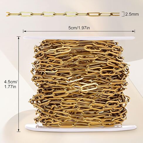33FT 18K Gold PVD Plated Chain Spool, 2.5mm Stainless Steel Chain Roll Bulk, Flat Twisted Links Chains for DIY Jewelry Making, Necklace, Bracelet in Kuwait