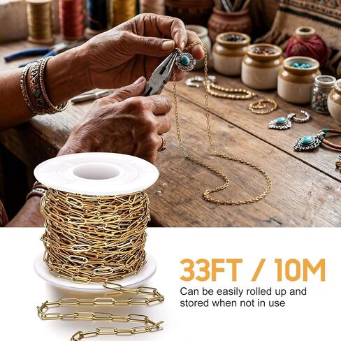 33FT 18K Gold PVD Plated Chain Spool, 2.5mm Stainless Steel Chain Roll Bulk, Flat Twisted Links Chains for DIY Jewelry Making, Necklace, Bracelet in Kuwait