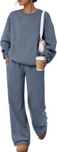 Trendy Queen Womens 2 Piece Sweatsuit Fall Sweat Outfits Lounge Sets 2026 | Fleece Interior, chic drop shoulder, flattering silhouette, airport fashion in Kuwait