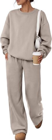 Trendy Queen Womens 2 Piece Sweatsuit Fall Sweat Outfits Lounge Sets 2026 | Fleece Interior, chic drop shoulder, flattering silhouette, airport fashion in Kuwait