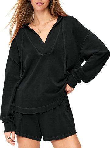 Fisoew Womens 2 Piece Lounge Matching Sets Hoodies and Shorts Sweatsuits | Long Sleeve, V Neck, Two Piece, Oversized, Pullover Sweatshirts, Tracksuit, Active, Athleisure, Fall Outfit, Travel Vacation in Kuwait