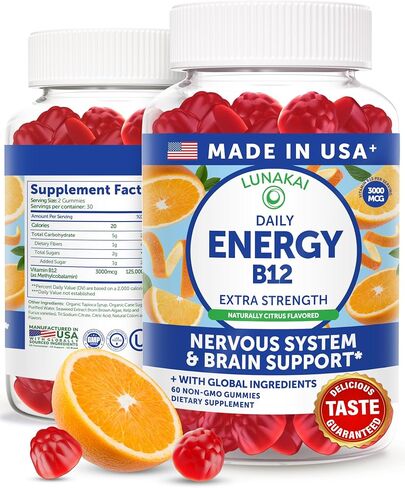 Lunakai Energy Gummies – USA Made Natural Energy Supplements – Vegan Vitamin B12 Gummies for Women & Men – Delicious Methyl B12 3000 mcg, 60ct in Saudi Arabia