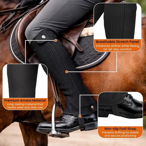 Half Chaps Amara Equestrian للنساء والرجال، زوج من الجلود الاصطناعية بسحّاب لركوب الخيل الإنجليزي للجنسين من الجلد الأسود in Kuwait