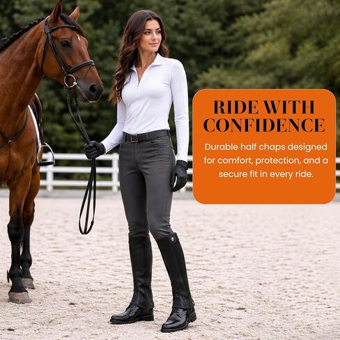 Half Chaps Amara Equestrian للنساء والرجال، زوج من الجلود الاصطناعية بسحّاب لركوب الخيل الإنجليزي للجنسين من الجلد الأسود in Kuwait