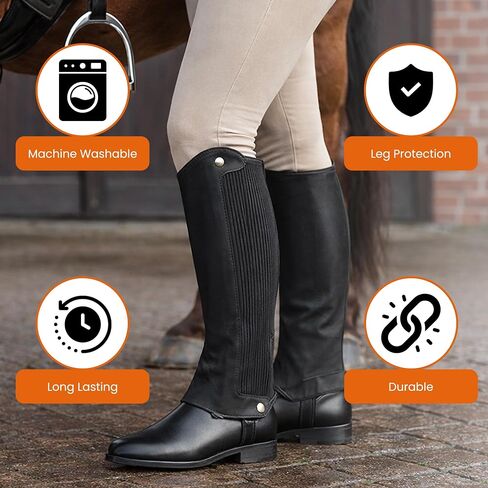Half Chaps Amara Equestrian للنساء والرجال، زوج من الجلود الاصطناعية بسحّاب لركوب الخيل الإنجليزي للجنسين من الجلد الأسود in Kuwait