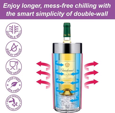 Amazing Abby - VinoChill - Acrylic Double-Wall Wine Chiller with Ice Chamber, Clear Plastic Insulated Champagne Bucket with Enhanced Cooling Bottom, Great for Party, Dinner, and Outdoor Entertaining in Kuwait