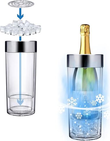 Amazing Abby - VinoChill - Acrylic Double-Wall Wine Chiller with Ice Chamber, Clear Plastic Insulated Champagne Bucket with Enhanced Cooling Bottom, Great for Party, Dinner, and Outdoor Entertaining in Kuwait