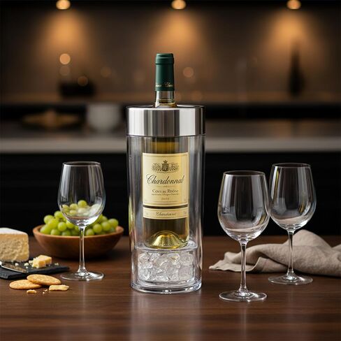 Amazing Abby - VinoChill - Acrylic Double-Wall Wine Chiller with Ice Chamber, Clear Plastic Insulated Champagne Bucket with Enhanced Cooling Bottom, Great for Party, Dinner, and Outdoor Entertaining in Kuwait