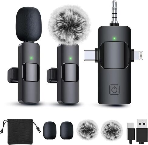 3-in-1 Professional Wireless Lavalier Microphone for iPhone Android Camera, 2-Pack Universal Clip-on Lapel Mic for Video Recording, YouTube Podcast Vlog TikTok Live Streaming, Content Creator in Saudi Arabia
