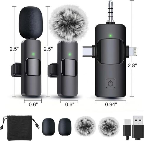 3-in-1 Professional Wireless Lavalier Microphone for iPhone Android Camera, 2-Pack Universal Clip-on Lapel Mic for Video Recording, YouTube Podcast Vlog TikTok Live Streaming, Content Creator in Saudi Arabia