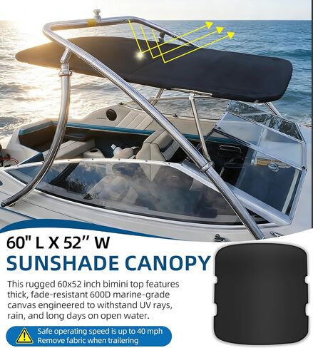 Sunluway Universal Wakeboard Tower Boat Bimini Top, 600D Bimini Top Canvas, Frame, & Clamps, 60" L x 52" W, Boat Canopy for Most 2-2.5" Tubing Wake Towers on Bass Boats, Jon Boats, Pontoons & More in Saudi Arabia