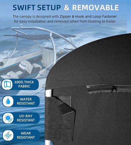 Sunluway Universal Wakeboard Tower Boat Bimini Top, 600D Bimini Top Canvas, Frame, & Clamps, 60" L x 52" W, Boat Canopy for Most 2-2.5" Tubing Wake Towers on Bass Boats, Jon Boats, Pontoons & More in Saudi Arabia