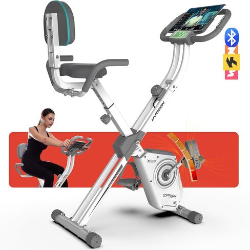HARISON Folding Exercise Bike 350 LBS Capacity, 5 in 1 Bluetooth Stationary Bikes for Home with 16-Level Resistance and Arm Resistance Bands, Magnetic X-Bike with LCD Monitor & Back Support in Saudi Arabia