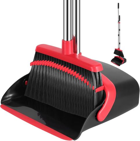 NACENA Broom and Dustpan Set, 52-in Long Adjustable Handle Broom Dustpan Combo with Dustpan Teeth to Automatically Clean Hair Suitable for Home Kitchen Office Hall Floor（Black&Red） in Saudi Arabia