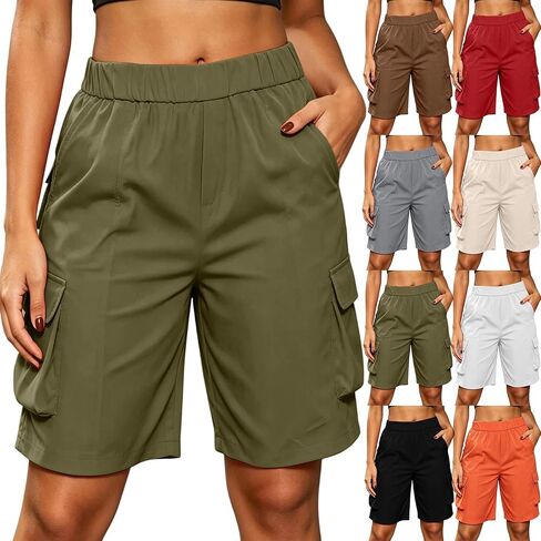 Bermuda Shorts for Women Above Knee Length Wide Leg Elastic Waist Bottoms Summer Hiking Work Cargo Shorts with Pockets in Kuwait