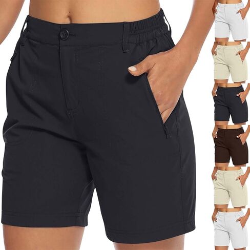 Women's Lightweight Hiking Cargo Shorts Quick Dry Athletic Shorts Elastic Waist Short Pants with Pockets for Running Golf in Kuwait